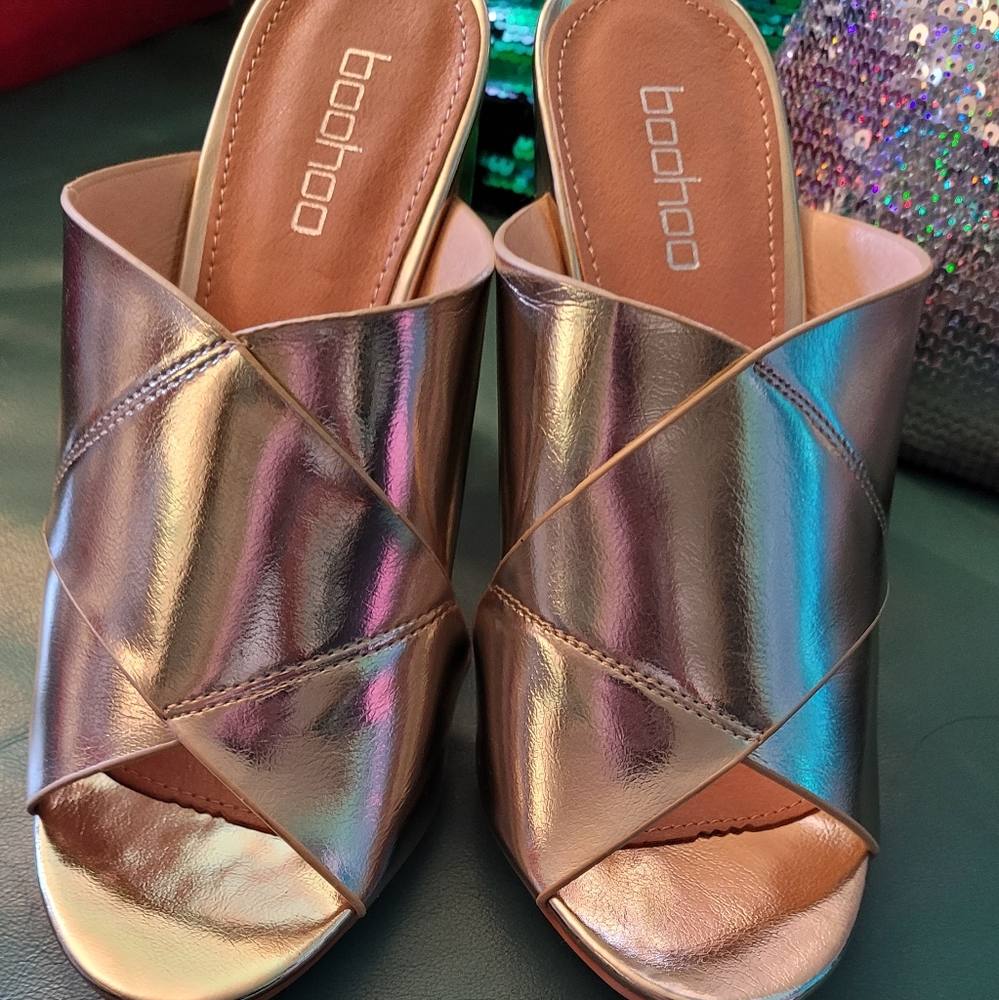 Gold high heel front cross mule or slide. US 7, EU 5, by Boohoo